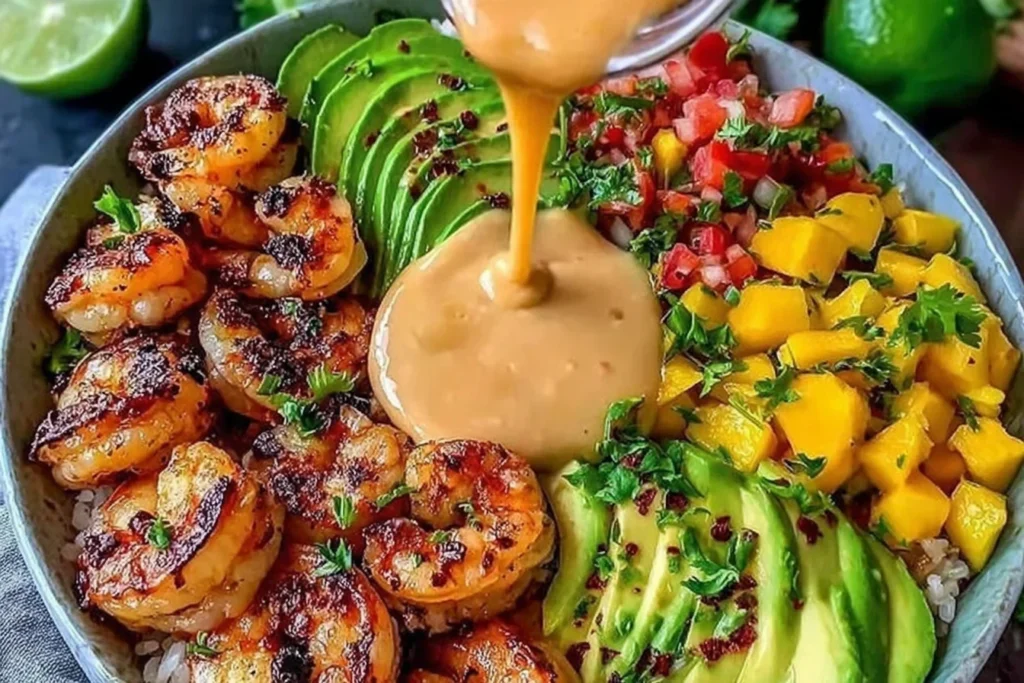 Shrimp and Avocado Bowls with Mango Salsa topped with creamy lime-chili sauce, charred shrimp, sliced avocado, and fresh mango salsa.