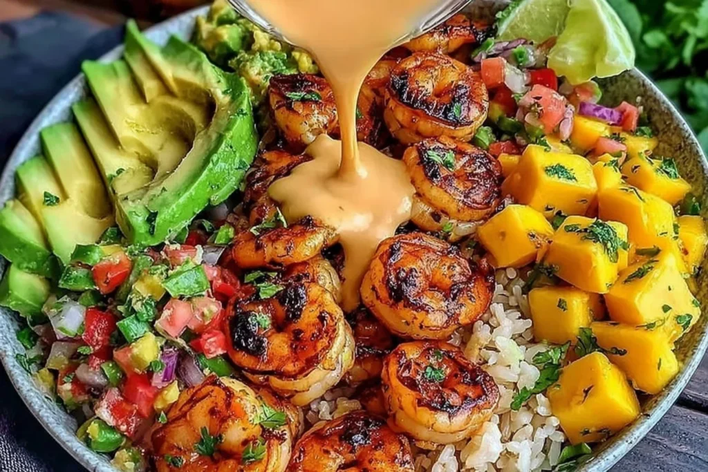 Shrimp and Avocado Bowls with Mango Salsa with grilled chili shrimp, sliced avocado, mango chunks, and lime-chili sauce drizzled over rice.