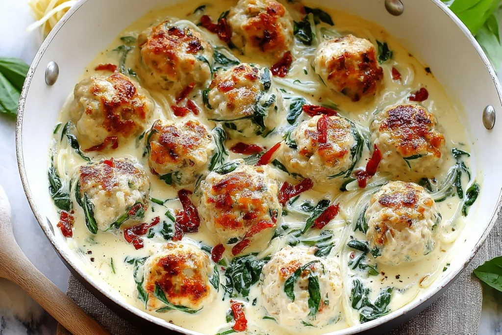 Chicken Ricotta Meatballs simmering in creamy spinach Alfredo sauce with sun-dried tomatoes in a skillet.