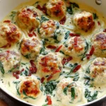 Chicken Ricotta Meatballs simmering in creamy spinach Alfredo sauce with sun-dried tomatoes in a skillet.