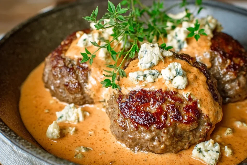 Keto Feta Burgers With Tomato Cream Sauce in a skillet, topped with feta crumbles and fresh herbs in a creamy tomato-feta sauce.