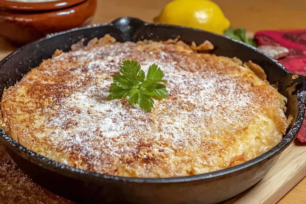 Moroccan chicken pastilla in a cast-iron skillet, golden phyllo crust dusted with powdered sugar and topped with fresh parsley.