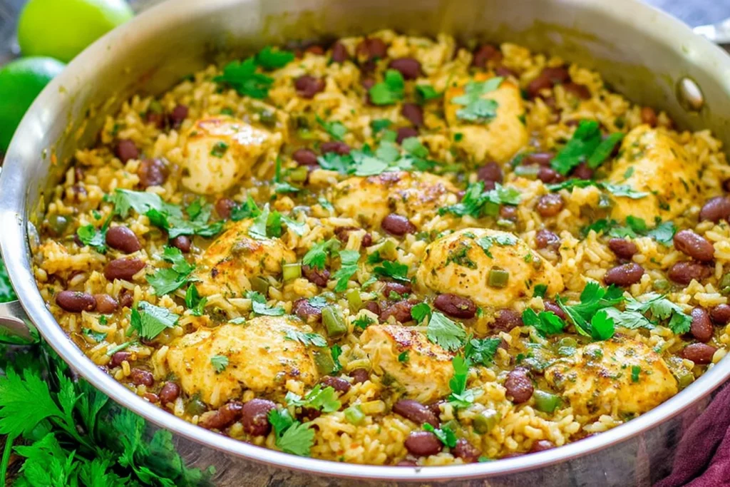 Salsa Verde Chicken Rice and Beans simmered in a skillet with juicy chicken pieces, black beans, fluffy rice, and fresh cilantro.