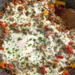 Stuffed Pepper Casserole in a cast-iron skillet with melted cheese, seasoned ground beef, red and yellow bell peppers, and fresh herbs.
