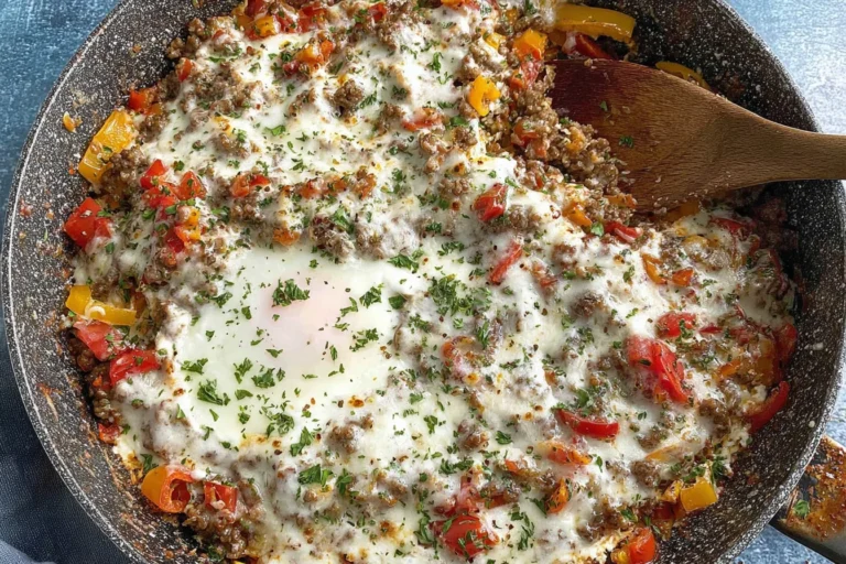Stuffed Pepper Casserole in a cast-iron skillet with melted cheese, seasoned ground beef, red and yellow bell peppers, and fresh herbs.