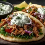 Slow Cooker Chicken Gyros in warm pita with shredded chicken, fresh veggies, and creamy tzatziki sauce on a wooden board.