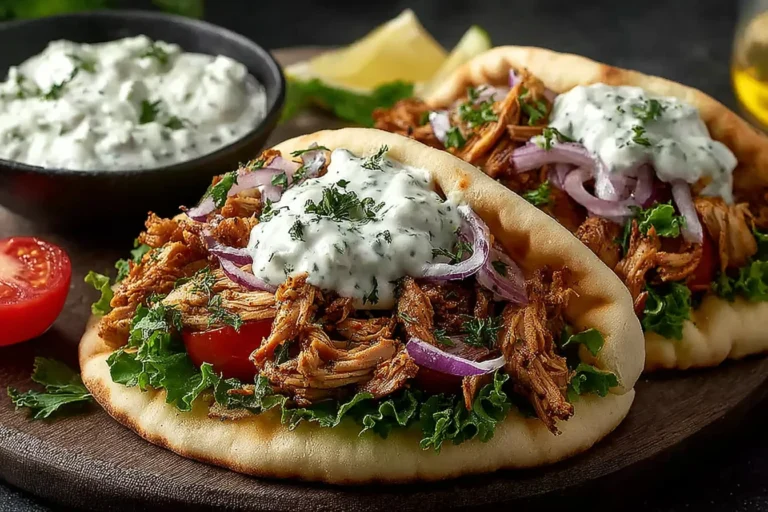 Slow Cooker Chicken Gyros in warm pita with shredded chicken, fresh veggies, and creamy tzatziki sauce on a wooden board.