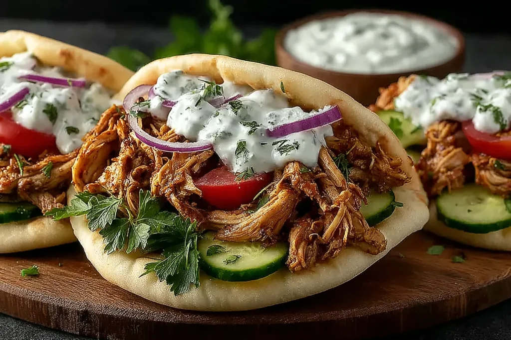 Slow Cooker Chicken Gyros stuffed with shredded chicken, cucumber, tomato, red onion, and creamy tzatziki on soft pita bread.