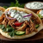 Slow Cooker Chicken Gyros stuffed with shredded chicken, cucumber, tomato, red onion, and creamy tzatziki on soft pita bread.