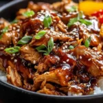 Slow Cooker Sweet Chili Chicken served over fluffy white rice, topped with sesame seeds and green onions, with colorful bell peppers on the side.