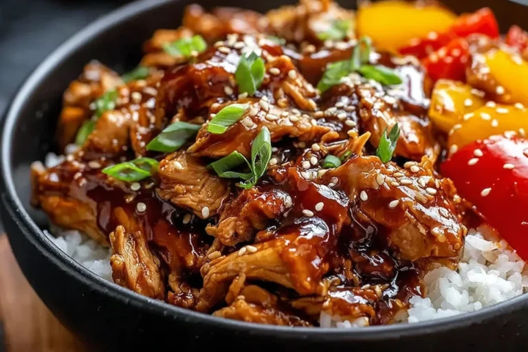 Slow Cooker Sweet Chili Chicken served over fluffy white rice, topped with sesame seeds and green onions, with colorful bell peppers on the side.