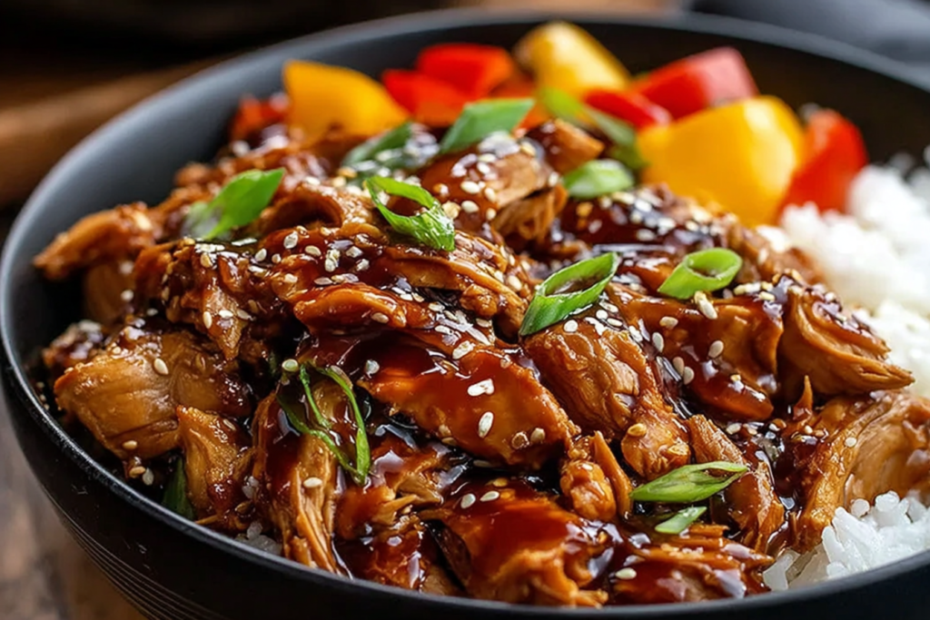 Slow Cooker Sweet Chili Chicken piled over steamed white rice, coated in glossy sweet chili sauce and topped with sesame seeds and sliced green onions, with red and yellow bell peppers.