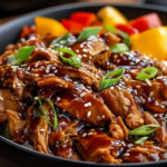 Slow Cooker Sweet Chili Chicken piled over steamed white rice, coated in glossy sweet chili sauce and topped with sesame seeds and sliced green onions, with red and yellow bell peppers.