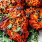 Paleo Tandoori Chicken thighs with smoky char, yogurt-spice marinade, and fresh cilantro served with a lemon wedge.