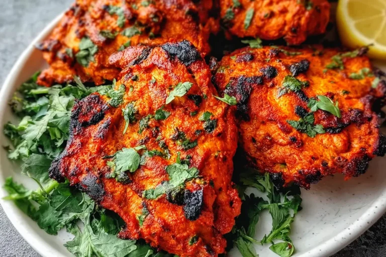 Paleo Tandoori Chicken thighs with smoky char, yogurt-spice marinade, and fresh cilantro served with a lemon wedge.