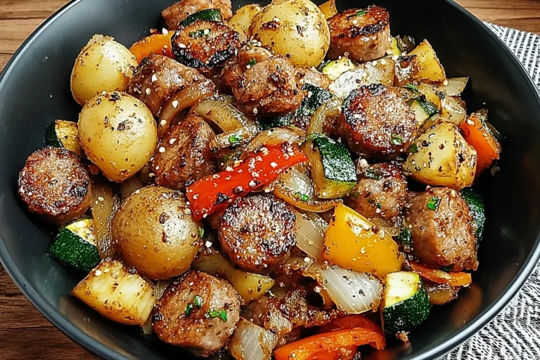 Cowboy Stir Fry in a black bowl with smoked sausage, Yukon Gold potatoes, zucchini, onions, and bell peppers, lightly seasoned and sizzling.