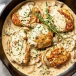 Sour Cream and Onion Chicken in a cast-iron skillet with golden pan-seared chicken cutlets in a creamy onion mushroom sauce, topped with fresh herbs.