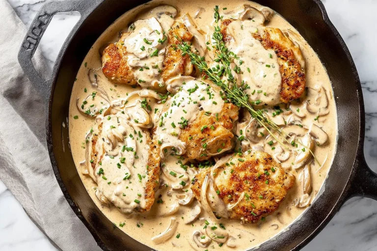 Sour Cream and Onion Chicken in a cast-iron skillet with golden pan-seared chicken cutlets in a creamy onion mushroom sauce, topped with fresh herbs.