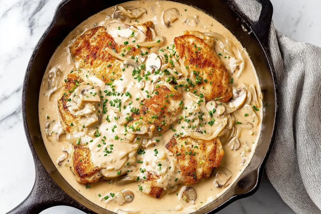 Sour Cream and Onion Chicken in a cast-iron skillet with pan-seared chicken cutlets, sautéed onions and mushrooms, and a creamy sour cream sauce topped with chives.