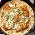 Sour Cream and Onion Chicken in a cast-iron skillet with pan-seared chicken cutlets, sautéed onions and mushrooms, and a creamy sour cream sauce topped with chives.