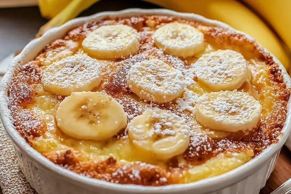 Southern Banana Cobbler baked until golden and bubbly, topped with banana slices and a dusting of powdered sugar in a white ramekin.