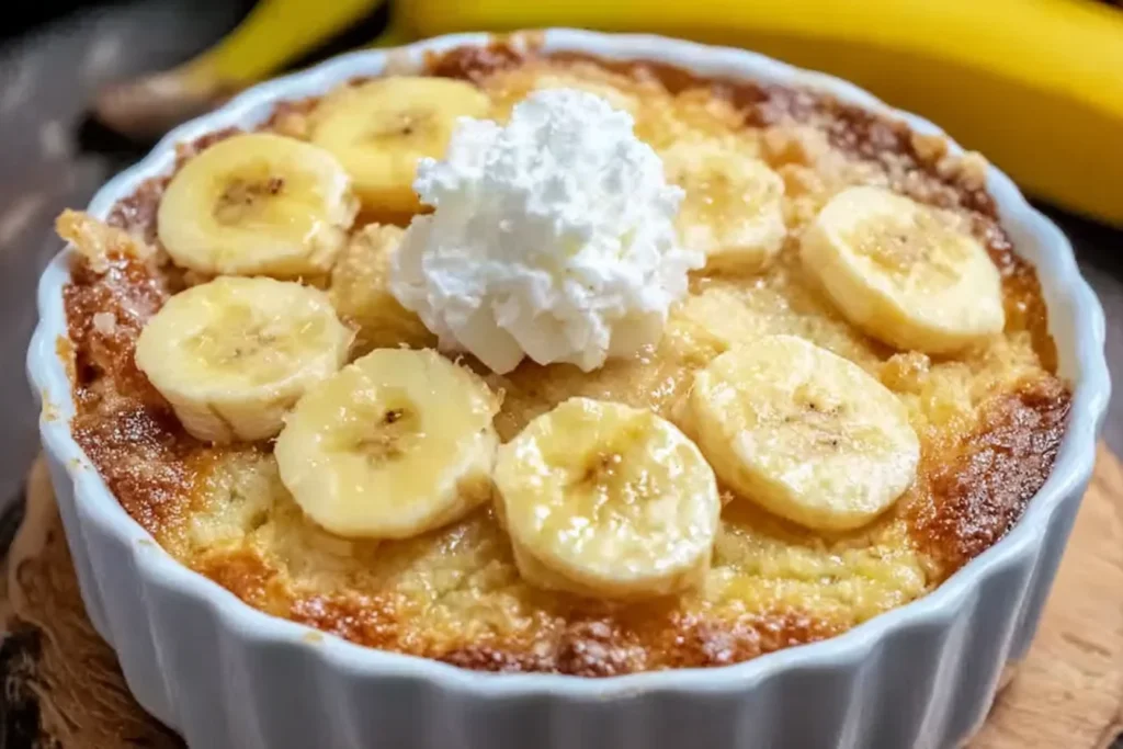 Southern Banana Cobbler in a white ramekin topped with fresh banana slices and whipped cream, golden and bubbly.