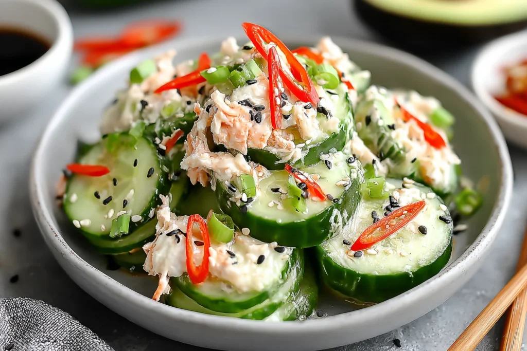 California Roll Cucumber Salad with thick cucumber slices, creamy imitation crab, sesame seeds, and red chili, served in a bowl.