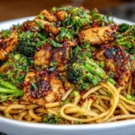 Spicy Garlic Chicken and Broccoli Noodle Bowls with tender chicken, crisp broccoli, and saucy noodles topped with herbs and chili flakes.