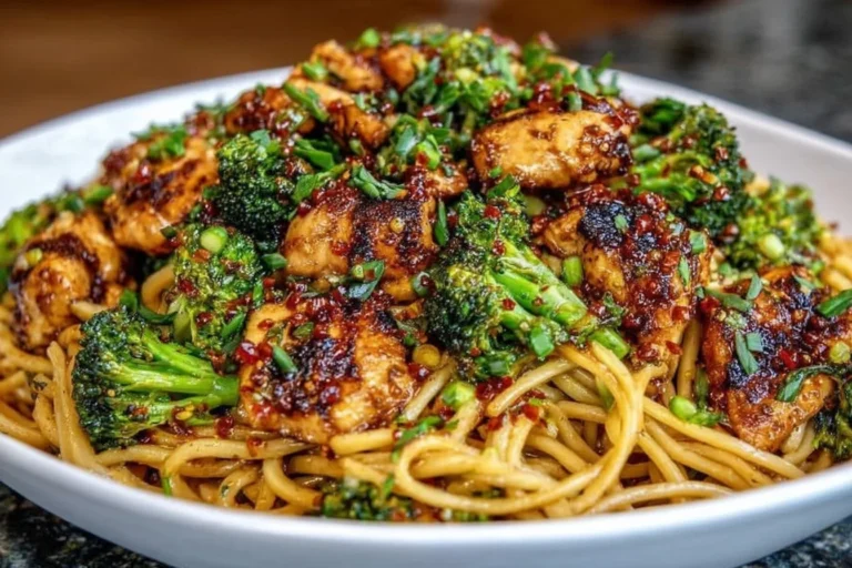 Spicy Garlic Chicken and Broccoli Noodle Bowls with tender chicken, crisp broccoli, and saucy noodles topped with herbs and chili flakes.