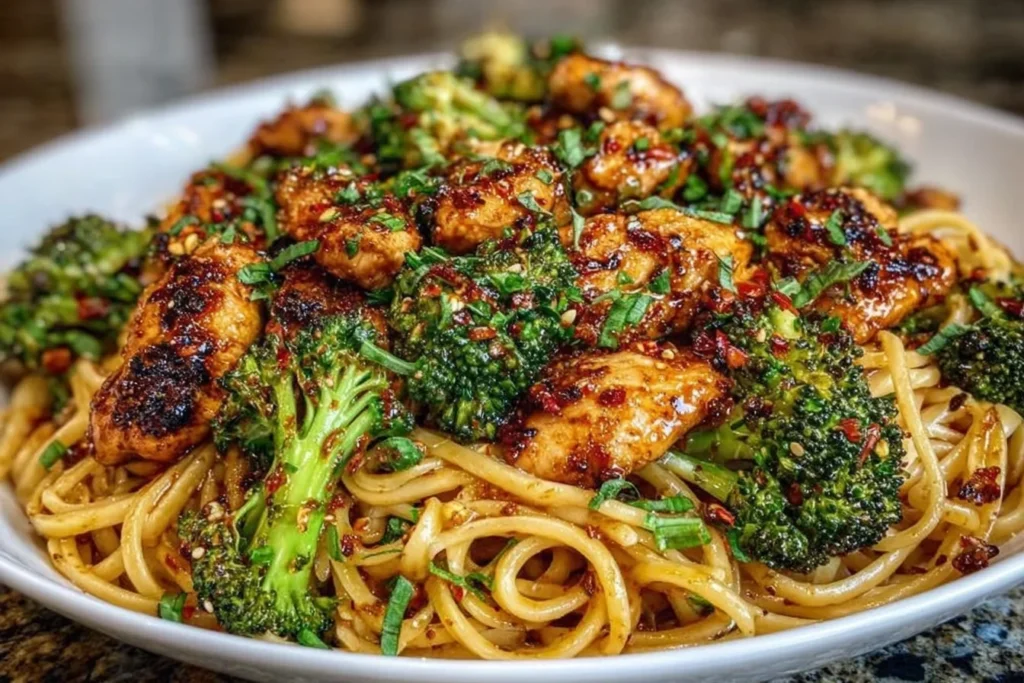 Spicy Garlic Chicken and Broccoli Noodle Bowls piled high with caramelized spicy chicken, vibrant broccoli florets, and glossy noodles topped with herbs and chili flakes.