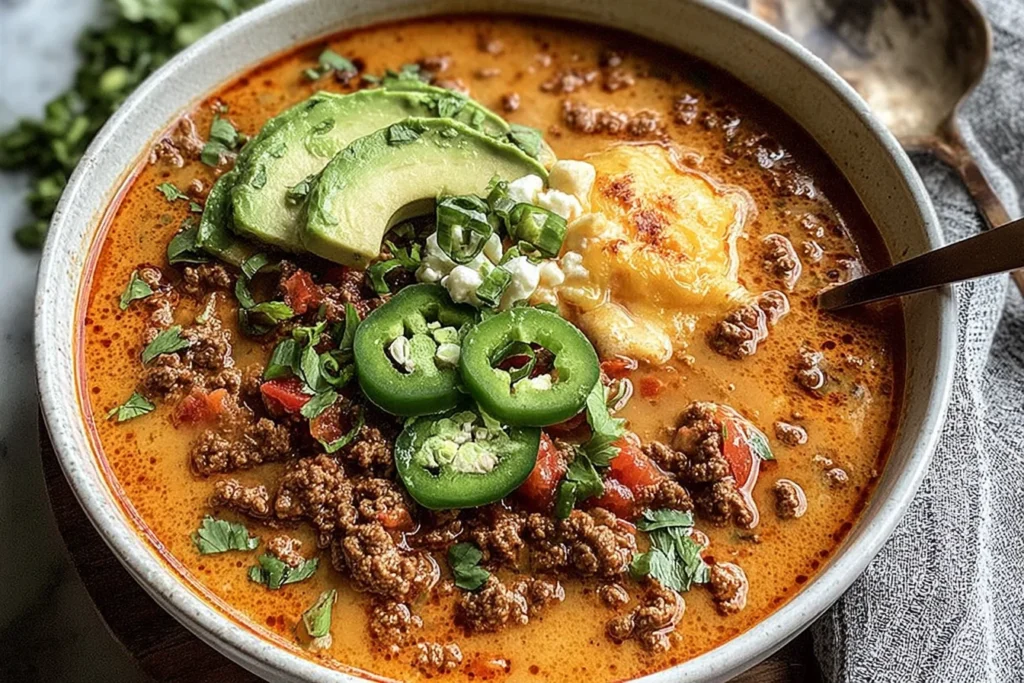 Spicy Queso Beef Chili in a bowl topped with avocado slices, jalapeños, cilantro, and melted cheese on a creamy, spicy broth.