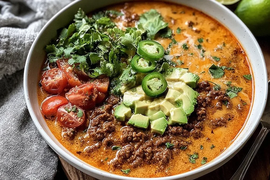 Spicy Queso Beef Chili in a white bowl topped with diced avocado, jalapeño slices, fresh cilantro, and tomatoes in a creamy, spicy broth.