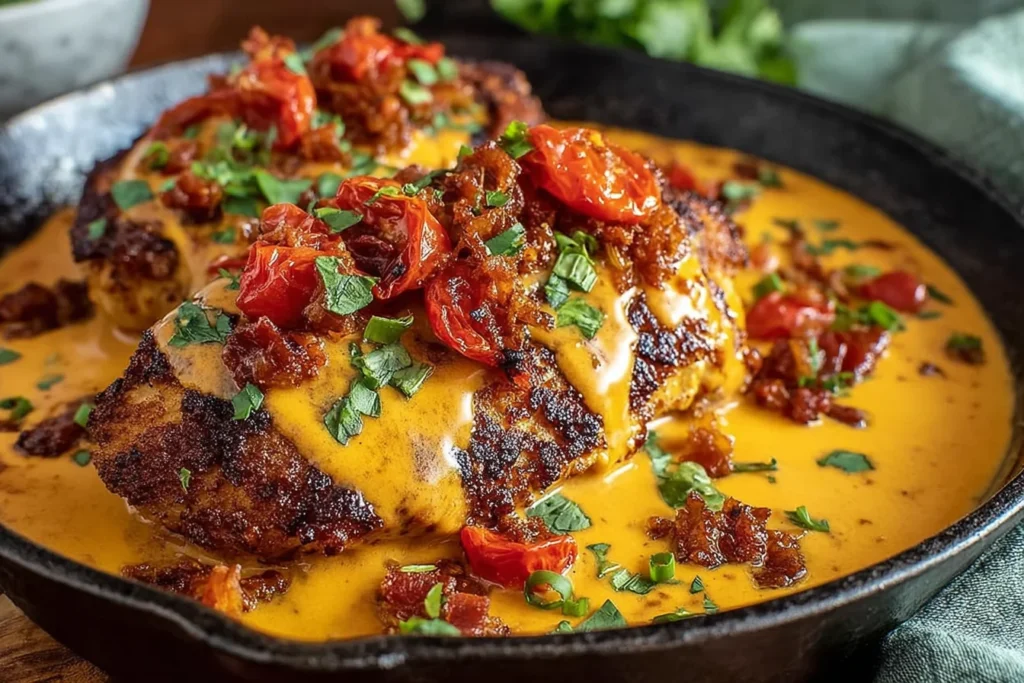 Spicy Sweet Chicken Diablo in a skillet—seared chicken smothered in creamy spicy-sweet sauce, topped with blistered tomatoes and fresh herbs.