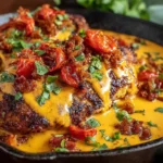 Spicy Sweet Chicken Diablo in a skillet—seared chicken smothered in creamy spicy-sweet sauce, topped with blistered tomatoes and fresh herbs.