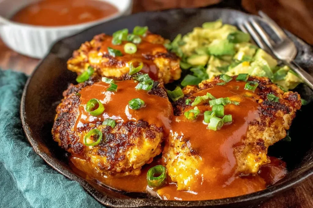 Spicy Sweet Chicken Diablo plated in a cast-iron skillet—crispy seared chicken topped with glossy spicy-sweet sauce and green onions, served with a creamy side.