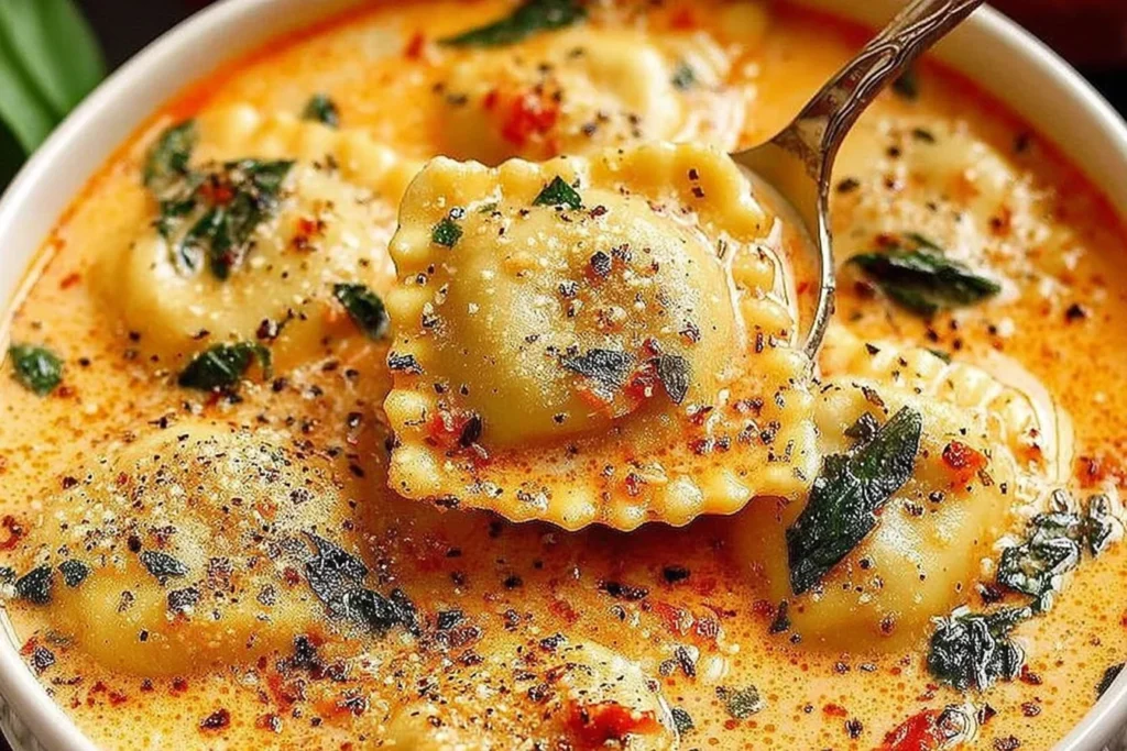Italian Tuscan Ravioli Soup close-up with a spoon lifting cheese ravioli from creamy tomato broth, topped with basil, parmesan, and cracked black pepper.