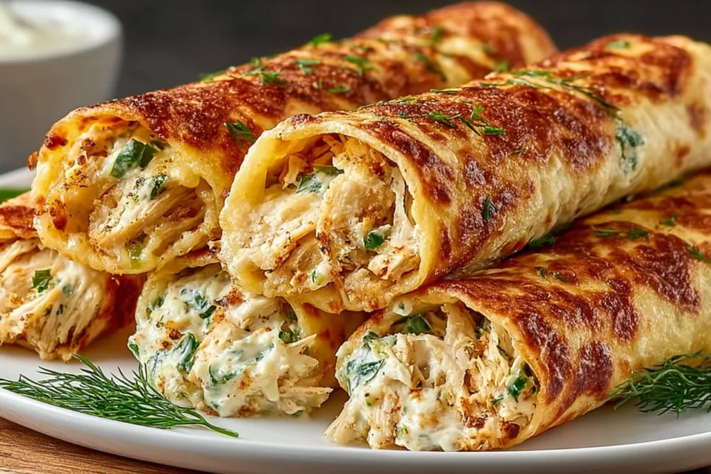 Dill Pickle Ranch Chicken Taquitos stacked on a plate, baked until crispy and filled with creamy ranch chicken, melted cheese, and herbs.