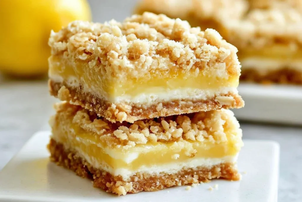 Lemon Oatmeal Crumble Bars stacked on a white plate, showing creamy lemon filling and a golden oat crumble topping.