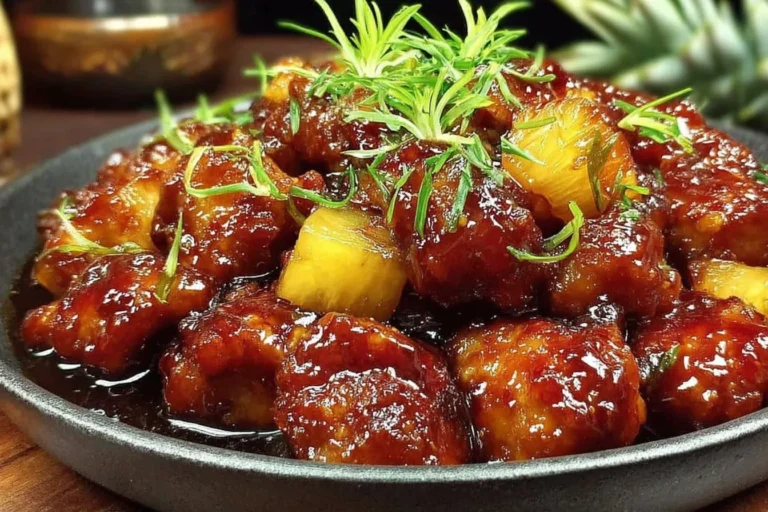 Brown Sugar Pineapple Chicken in a glossy sweet-savory sauce with pineapple chunks, garnished with fresh herbs in a skillet.