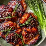Crispy Japanese BBQ Chicken Thighs glazed in sticky sauce over rice, topped with sesame seeds and green onions in a bowl.