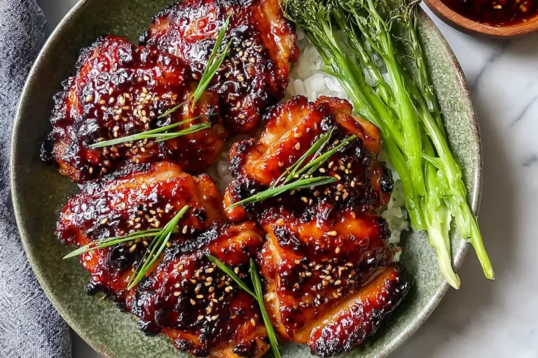 Crispy Japanese BBQ Chicken Thighs glazed in sticky sauce over rice, topped with sesame seeds and green onions in a bowl.