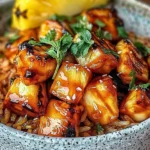 Pineapple Chicken and Rice in a speckled bowl—sticky glazed chicken and pineapple chunks over saucy rice, topped with herbs and sesame seeds.