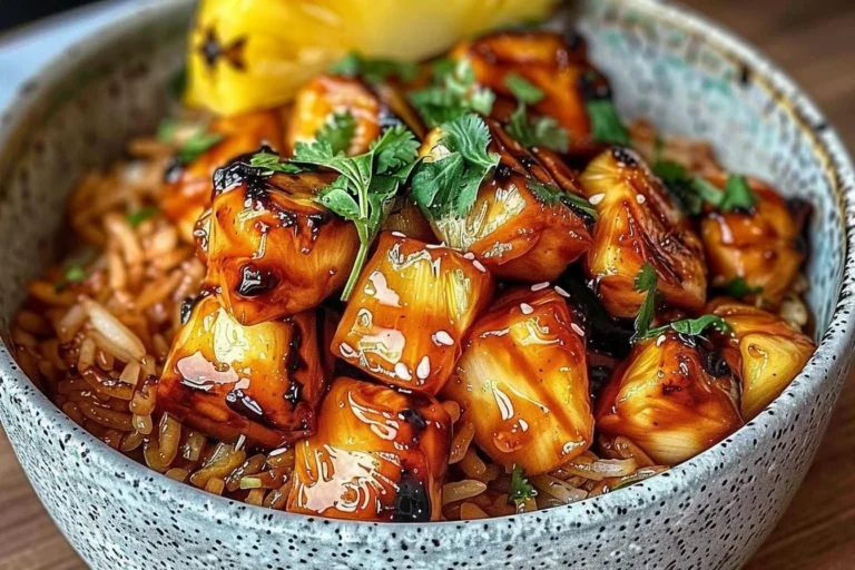 Pineapple Chicken and Rice in a speckled bowl—sticky glazed chicken and pineapple chunks over saucy rice, topped with herbs and sesame seeds.