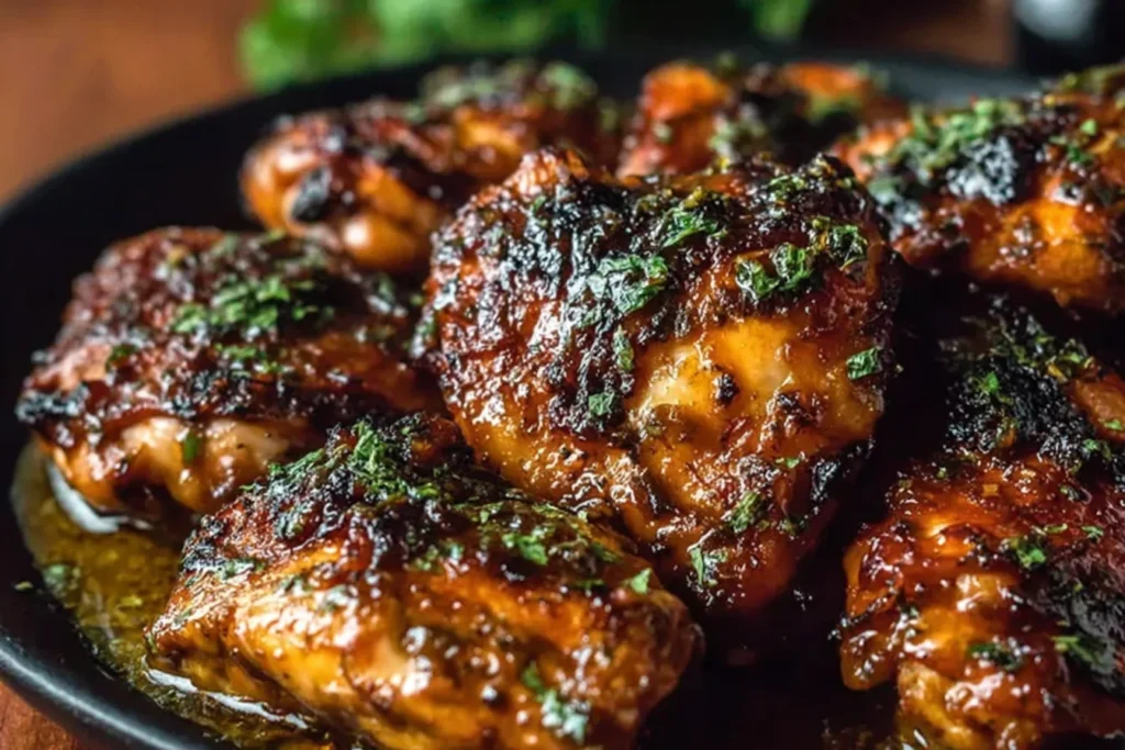 Ina Garten Indonesian Chicken thighs glazed in sticky soy-honey peanut sauce, caramelized and garnished with herbs in a black skillet.