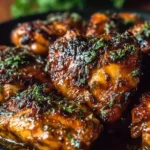 Ina Garten Indonesian Chicken thighs glazed in sticky soy-honey peanut sauce, caramelized and garnished with herbs in a black skillet.