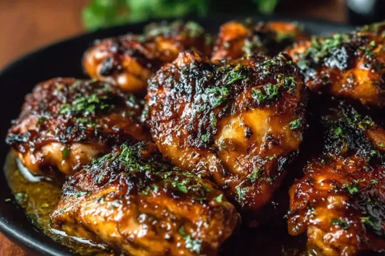 Ina Garten Indonesian Chicken thighs glazed in sticky soy-honey peanut sauce, caramelized and garnished with herbs in a black skillet.