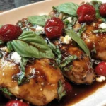 Strawberry Basil Chicken glazed with balsamic honey sauce, topped with fresh basil and strawberries on a platter.