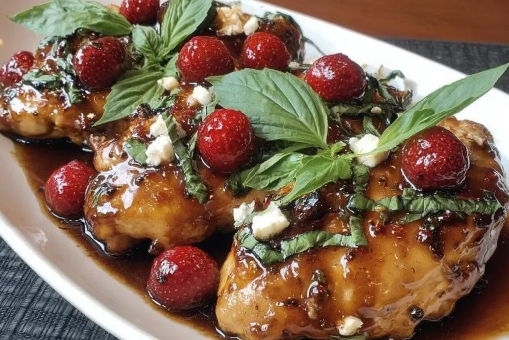 Strawberry Basil Chicken in a glossy balsamic-honey glaze, topped with fresh basil leaves and whole strawberries in a white serving dish.