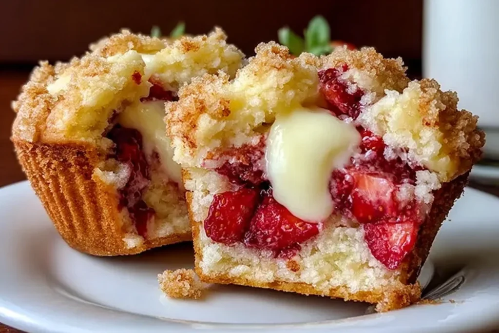 Strawberry Cream Cheese Muffins cut open showing a creamy cheesecake-style center, juicy strawberries, and a buttery crumb topping on a plate.