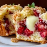 Strawberry Cream Cheese Muffins cut open showing a creamy cheesecake-style center, juicy strawberries, and a buttery crumb topping on a plate.